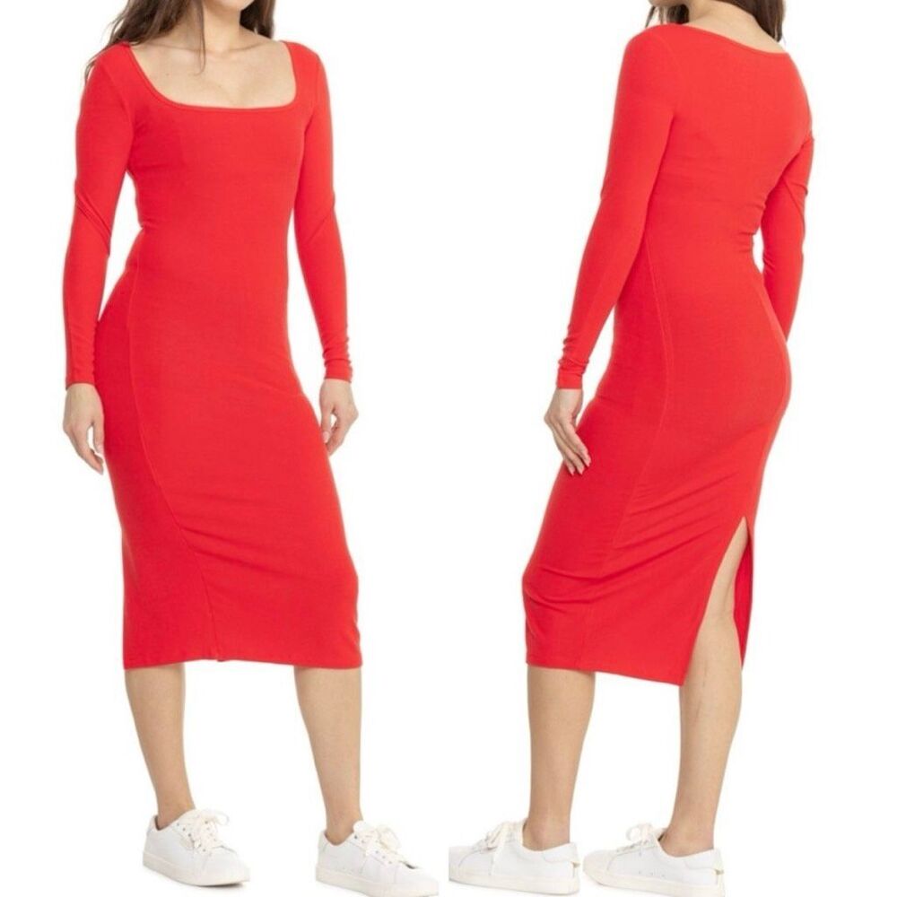 Spiritual Gangster, Luly Slim Rib Long Sleeve Midi Dress Fire Red, Women’s XL